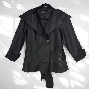 TRACY M Jacket Black 100% Silk Woman Large Shawl Collar Back Tie Elegant Luxury